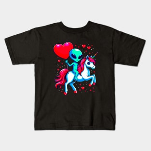 Funny Valentine Day Believer Ufo Alien Riding Unicorn Kids T-Shirt